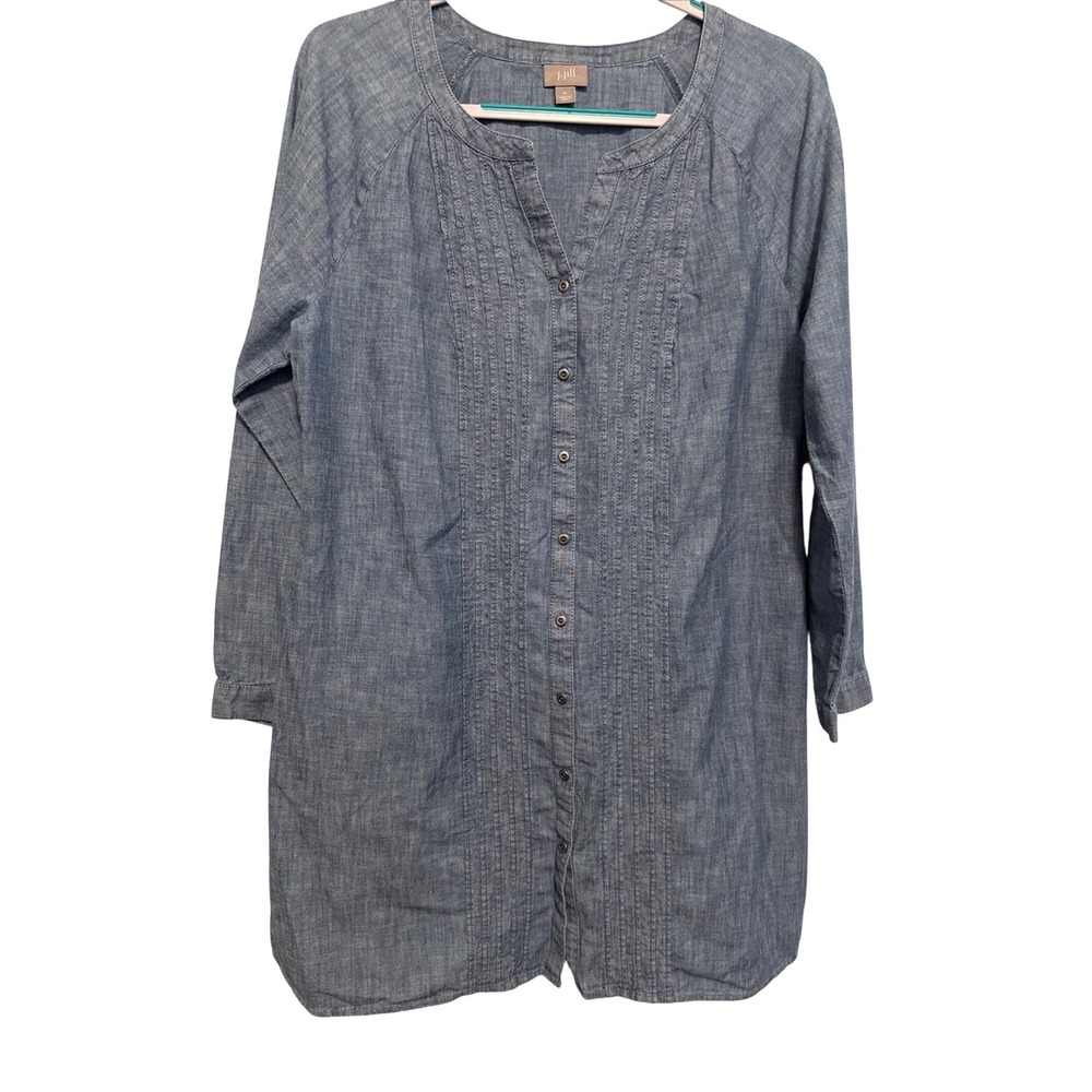 J.Jill Women's‎  Blue Chambray Pintuck Pleated Button Front Cotton Tunic Top  M